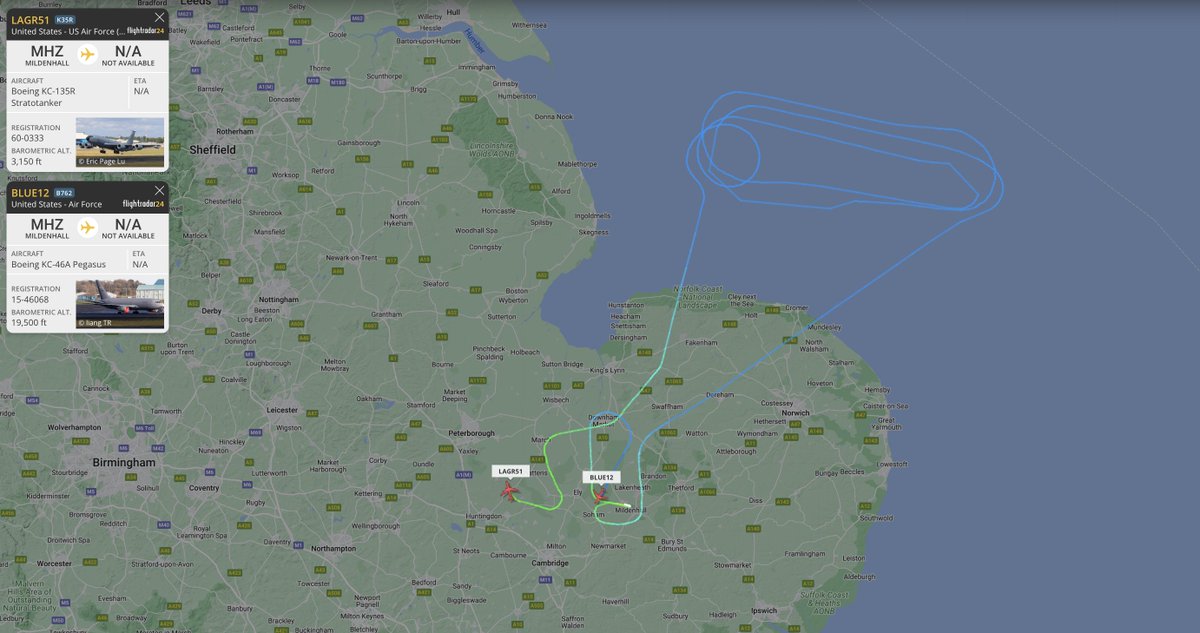 alternativewip's tweet image. #USAF departures from mildenhall on the flight radar, KC-135R stratotanker seen circling over the north sea, KC-46A pegasus also in the area of MHZ. #LAGR51 #BLUE12 #MHZ