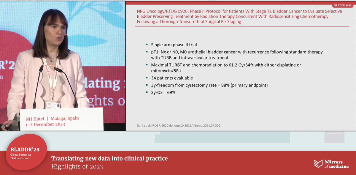 At #bladdr23, @Achard_Verane discusses the role of RT for non muscle invasive bladder cancer. Initial RCT for pT1G3 urothelial dz did not show PFS benefit, but @NRGonc 0926 phII trial of max TURBT + 61.2Gy/34# with cis or MMC/5FU showed 3yr freedom from RC of 88%. #blcsm #radonc