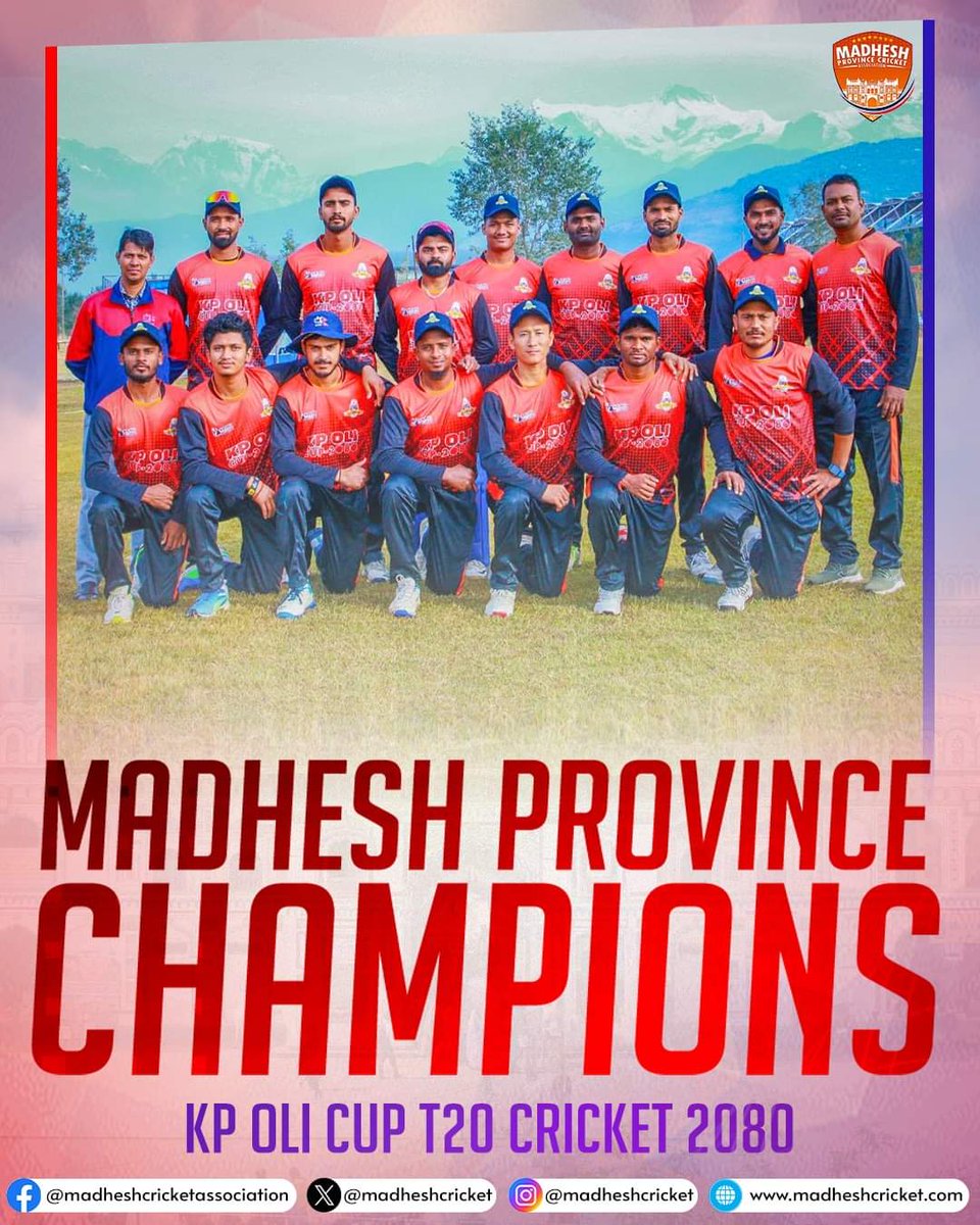 meashoksah's tweet photo. Congratulations #Madhesh_Cricket_Team for being the winner of K.P. Oli #T_20 National Tournament 2080.
Hats Off! https://t.co/cwoZBHoXJ0