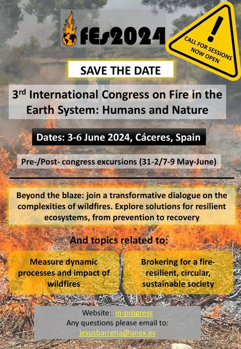 📢 Exciting News! 🔥Join the Fire in the Earth System Congress (June 3rd-6th, 2024, Cáceres, Spain), hosted by @unex. 🔬 Scientific Program: Be a session coordinator! Submit your proposal to artemio.cerda@uv.es. 👉More info: firecongress.eu