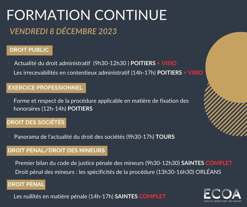 La fin de l'année approche 🎄 ! Plus que 4 semaines pour valider les heures de formation obligatoires avant le 31 décembre 2023.

Voici les formations disponibles la semaine prochaine en VISIO et en présentiel !

Inscriptions :avocats-ecoa.fr/espaceprive/fo…