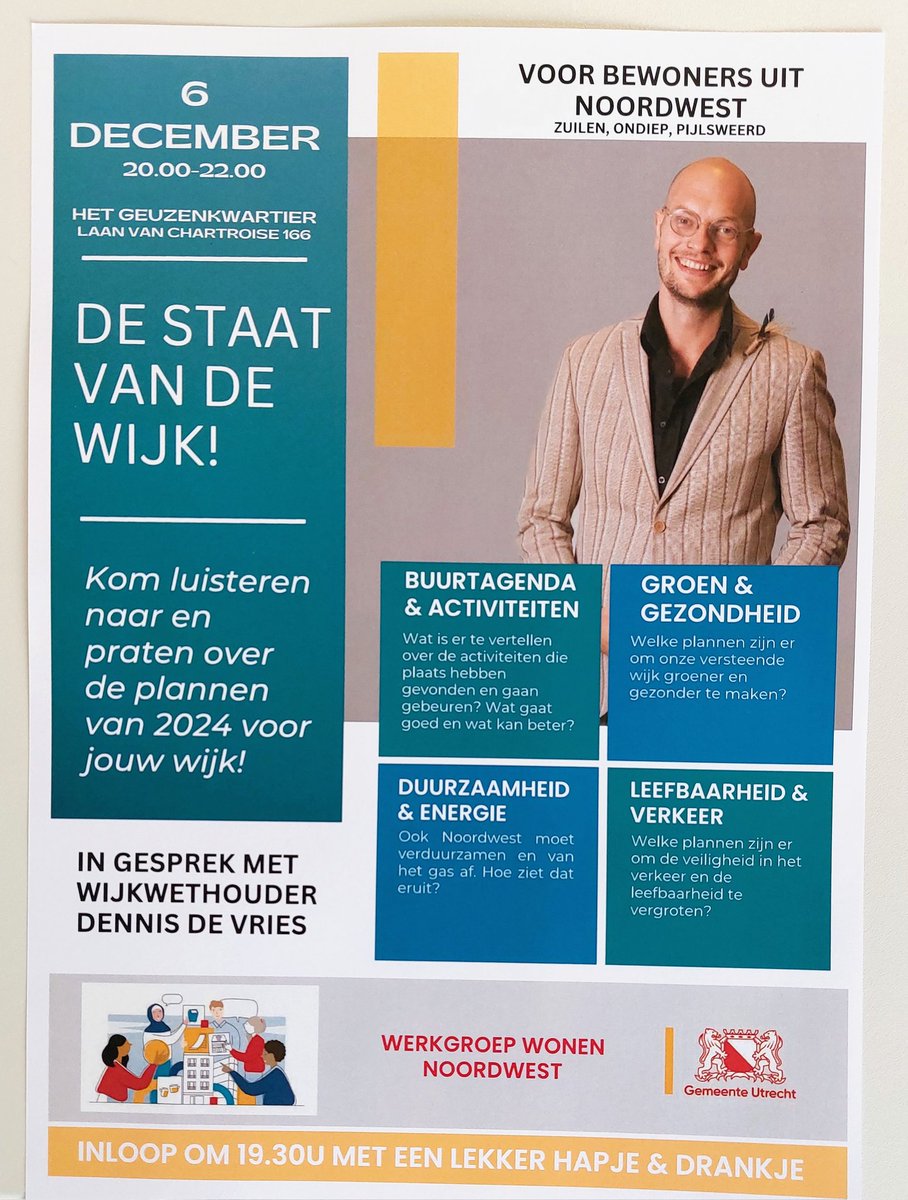 Op 6 december komt wijkwethouder @WethouderDennis naar #Noordwest. Hoe gaat het hier en wat zijn de plannen voor #Ondiep, <a href="/Pijlsweerd/">Bewoner Pijlsweerd</a> en #Zuilen? Dennis neemt ons mee en gaat met ons in gesprek!