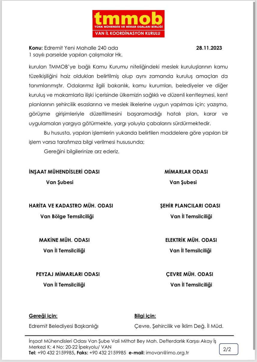 Van ili Edremit ilçesi yeni mahalle 240 ada, 1 parsel’ de yer alan kıyıda ki dolgu çalışmasını kabul etmiyoruz, bu kent sahipsiz değildir. Takipçisi olduğumuzu ve gereğini yapacağımızı bilinmesini isteriz.