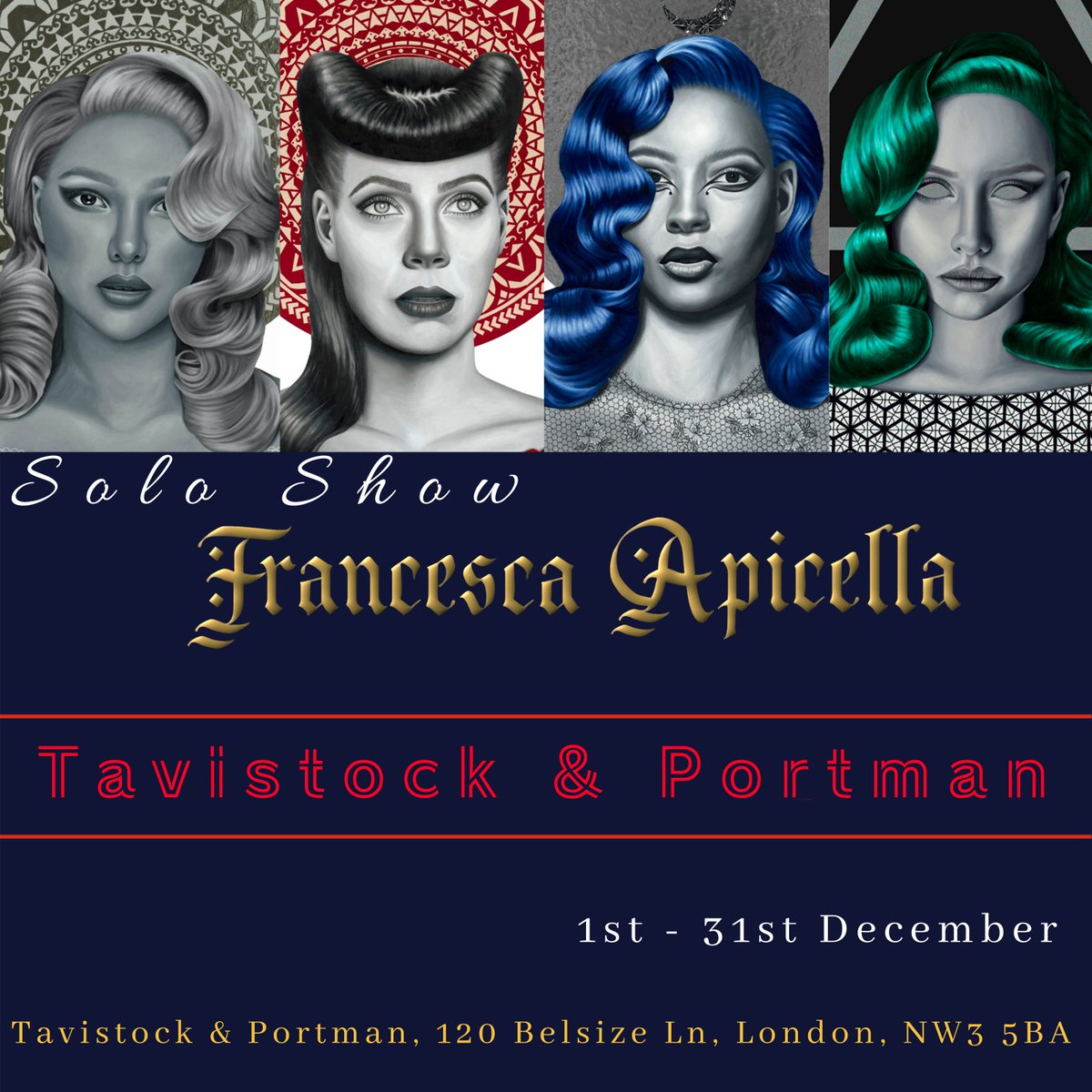 Opening today!

Pleased to announce my solo show at <a href="/TaviAndPort/">Tavistock and Portman NHS Foundation Trust</a> is now open for December. 

Details:
1st - 31st Dec
120 Belsize Lane, London, NW3 5BA 

#francescaapicella #soloshow #tavistockandportman