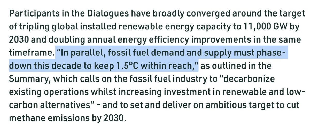 Today's joint summary from the <a href="/IEA/">International Energy Agency</a> and the <a href="/COP28_UAE/">COP28 UAE</a> presidency contains a remarkable call.

Many references to fossil fuel phase out or down in the <a href="/UNFCCC/">UN Climate Change</a> have lacked reference to any timelines. But cutting fossil fuel production &amp; use by 2030 is key. cop28.com/en/news/2023/1…