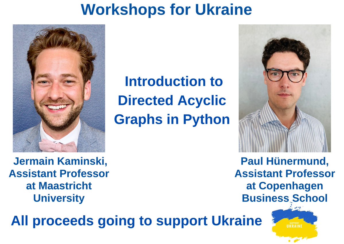 ❗️Our next workshop by @jermainkaminski & @PHuenermund
will be on December 7th, 6 pm CET, titled Intro to Directed Acyclic Graphs in #Python
Register or sponsor a student by donating to support 🇺🇦!
 Details: bit.ly/3wBeY4S
Please share!  
#EconTwitter #AcademicTwitter