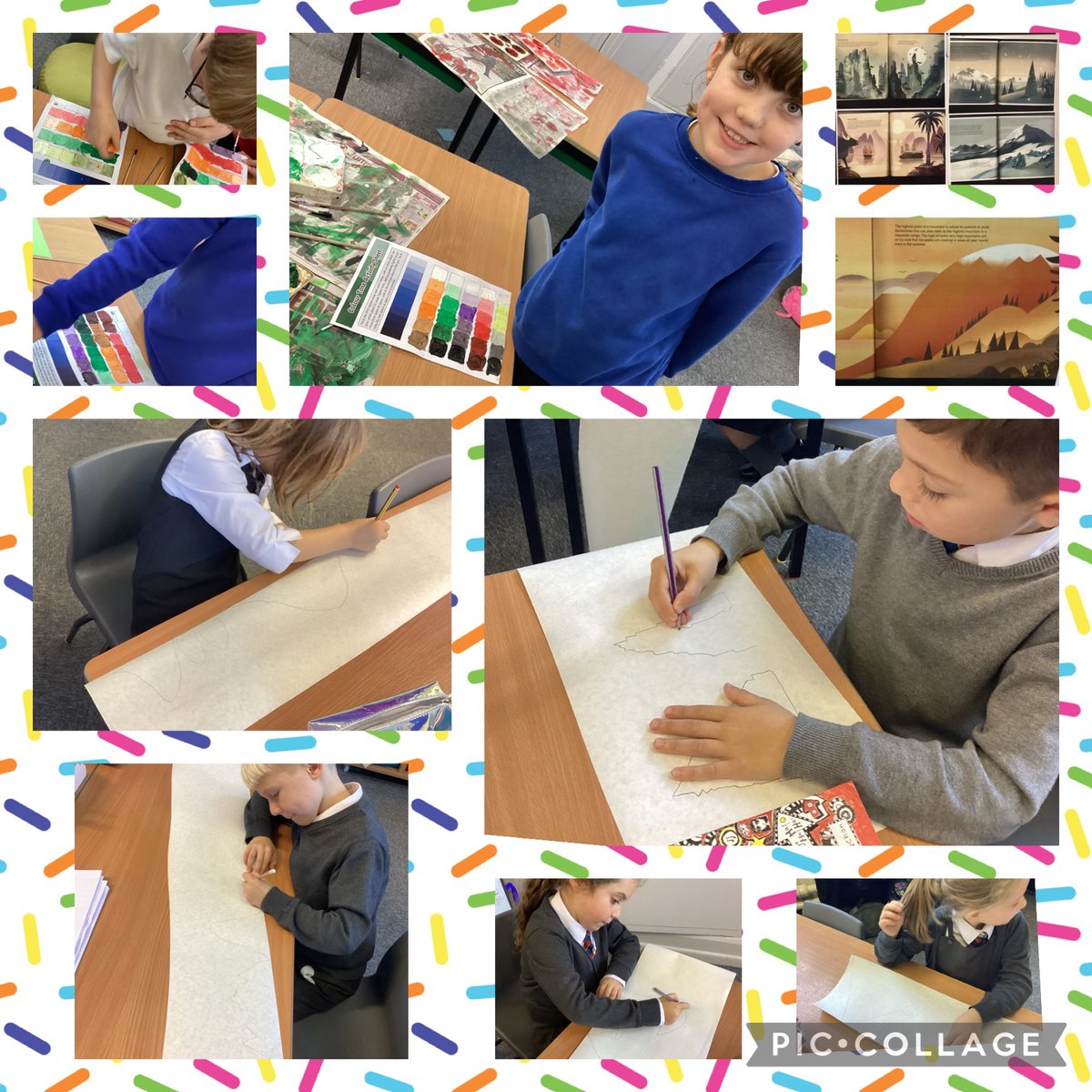 yr23kw's tweet photo. Build up for our mountain landscapes.The children have been thinking hard about the shapes and sizes of the mountains they have chosen to depict &amp; experimented with colour mixing to make different tones,inspired by the beautiful illustrations from our class text. @Hollymountbury https://t.co/lpvcGGN2ou