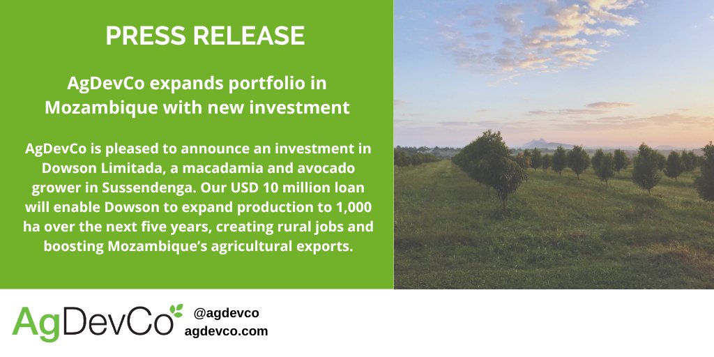 AgDevCo is pleased to announce an investment in Dowson Limitada, a macadamia and avocado grower in Sussendenga. Read the press release here: agdevco.com/site/assets/fi…