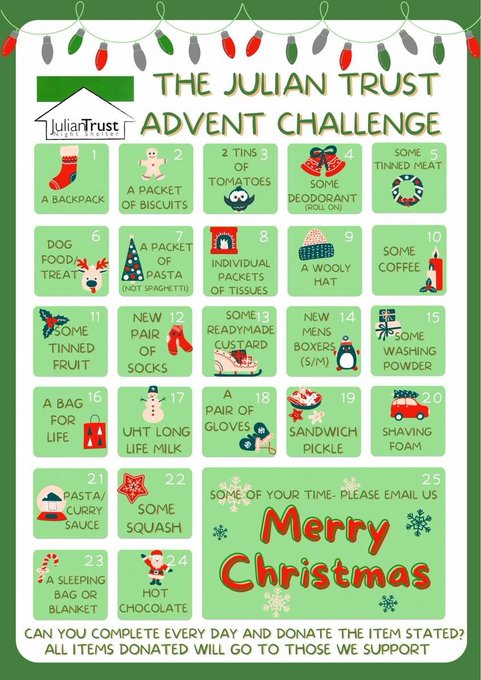 Coming up in our Reverse Advent Calendar challenge:
Day 2 - Packets of Biscuits
Day 3 - Tinned Tomatoes
Day 4 - Roll on Deodorant 
We will be collecting these on Monday 4th December if any of our families and staff are able to donate <a href="/Cabotfederation/">Cabot Federation</a> @JulianTrust