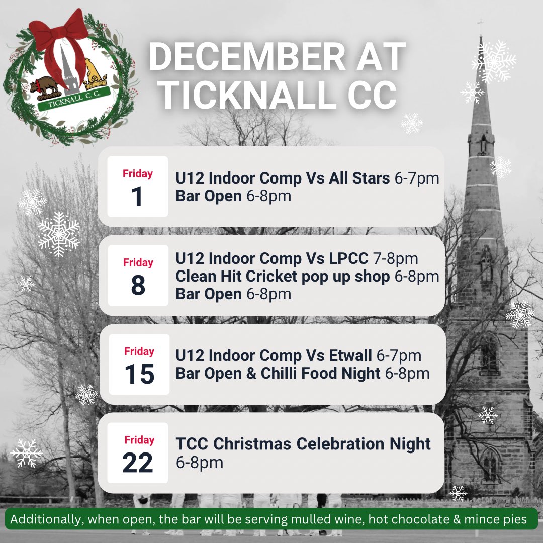 It may be the off season but we’ve still got lots happening on Friday Nights this month! 

During December when the bar is open we will also be serving Mulled Wine, Hot Chocolate and Minced Pies! ☕️

#cricket #ticknallcricket #ticknallcricketclub #events #christmasevents