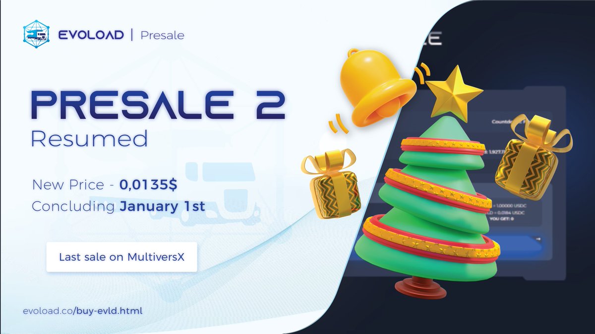 evoload's tweet photo. The Presale has resumed, and it's your FINAL OPPORTUNITY to participate in a Funding Round on #MultiversX. Don't miss this chance!

🔔 Make sure to read our December Announcements to stay up-to-date with the latest informations.

👉 Secure your spot now: https://t.co/Ao9V3TEW7A https://t.co/Nx1Fxplh4k