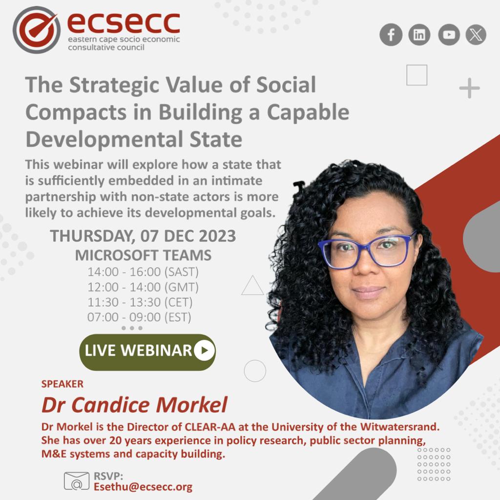 Catch Dr Candice Morkel on @ecsecc_'s webinar, 'The Strategic Value of Social Compacts in Building a Capable Developmental State'. Dr Morkel will be sharing on the state/non-state relationship dynamics & the implications for #NationalEvaluationSystems 🔗bit.ly/3GqpvVU