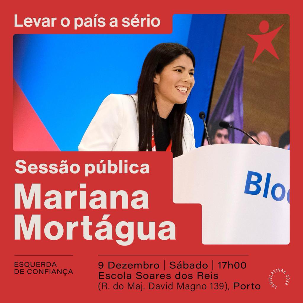 Sessão pública "Levar o país a sério" com Mariana Mortágua
🕒 17h00
🗓️ 9 de dezembro, sábado
📍 Escola Soares dos Reis, Porto (R. do Maj. David Magno 139)
Entrada livre.