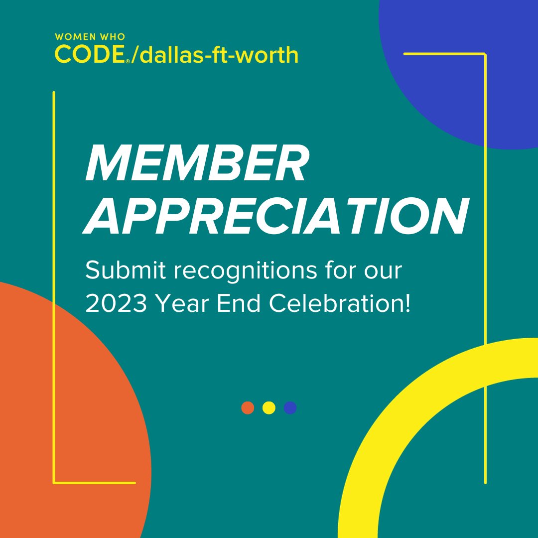Our in-person Year End Celebration is next Thursday!
Last day for event RSVPs is Dec 3rd
Reserve your spot today
meetup.com/women-who-code…

Recognize a community member using this form bit.ly/DFWRecognition…💖

Submit form responses by Dec 5th

#womenwhocode