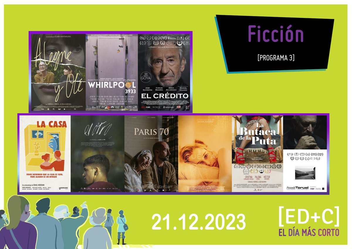 🎬Aquí les presentamos los seleccionados en la categoría ''Ficción'' en ED+C

¡Les invitamos a todos a ver estos gran selección de cortos el 21 de diciembre 🤩

#ElDíaMásCorto #CineCorto #EventoCultural #CortometrajeEspañol