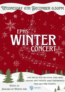 Come and get into the Festive Spirit while enjoying some fantastic music performances from our Eden Park Students.  Refreshments will be available for you to purchase.  Tickets are available via WisePay.