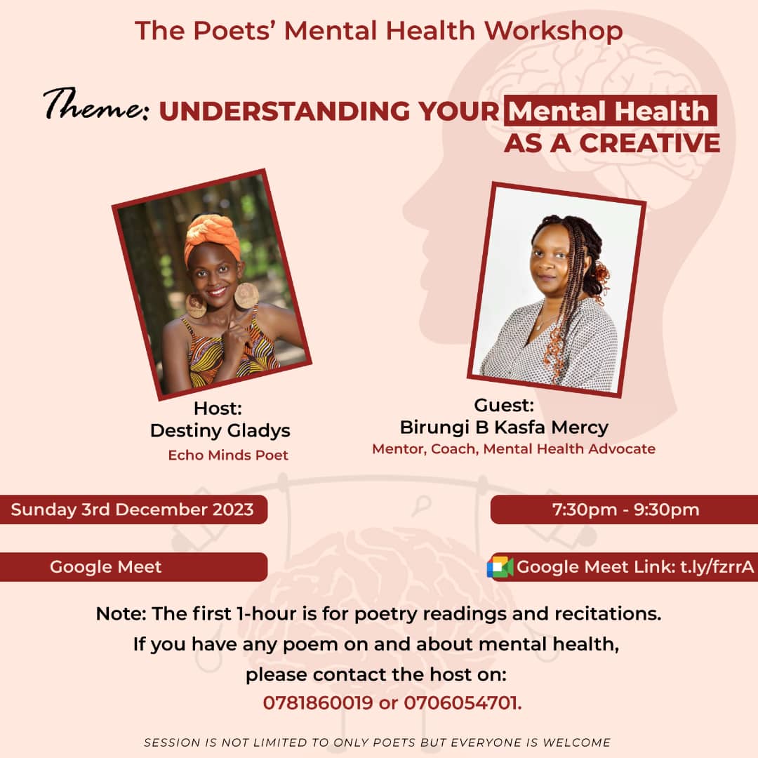 Dear Creative

2023 is winding up and I know we have been through "things". Some pleasant &amp; others worth burying unspoken

Join us for the Creative's mental health works
When:  Sunday 3/12/2023 
Time:  7:30pm(EAT) 
Where: Google meet duo.app.goo.gl/bALgsOwNoD3ibD…

Participation is free