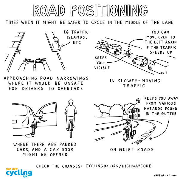 Pothole season is upon us, so please remember that cyclists may sometimes choose to ride in the centre of the lane to keep away from hazards in the gutter. 🚧 This road positioning also increases a rider's visibility and ensures drivers overtake safely.👀

📸: @davewalkercartoons