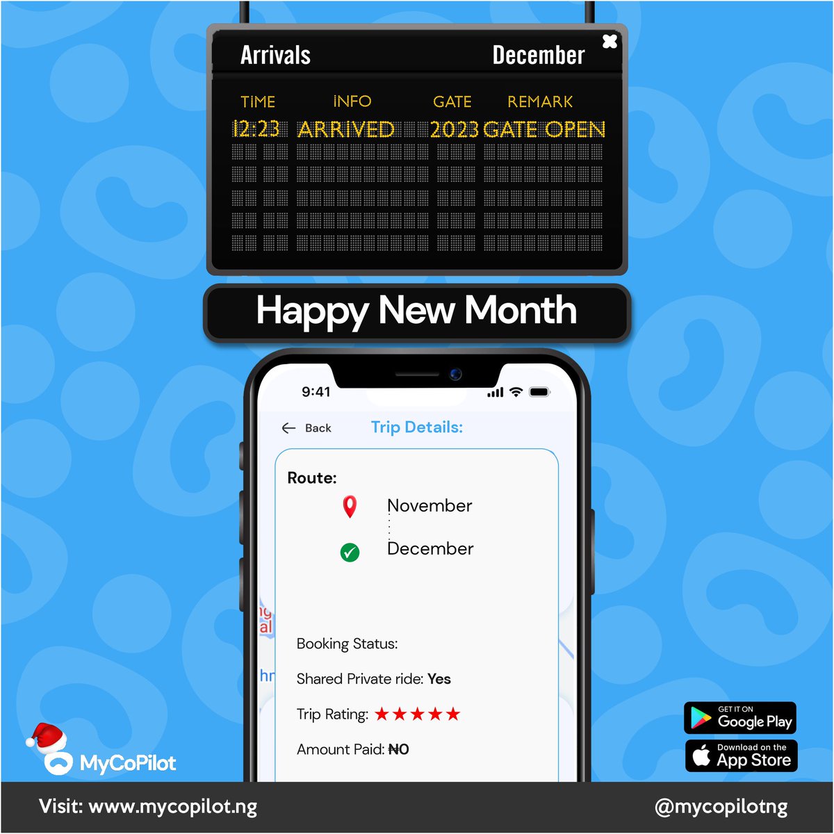mycopilotng's tweet image. Welcome to December!

It’s been an amazing ride from the start of the year and we’re excited to see the arrival of the final month of the year.

Cheers to a safe, beautiful and fun December!🥂

#MyCoPilot #MoveSmarter