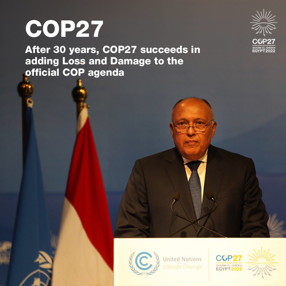 COP27P's tweet photo. The #COP27 Presidency welcomes news of the operationalization of the Loss and Damage Fund with pledges announced on the first day of @COP28_UAE. 
 
#TogetherForImplementation #UniteActDeliver #COP28 https://t.co/FvaUAGYEYB