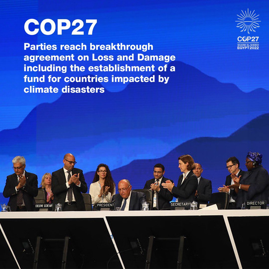 COP27P's tweet photo. The #COP27 Presidency welcomes news of the operationalization of the Loss and Damage Fund with pledges announced on the first day of @COP28_UAE. 
 
#TogetherForImplementation #UniteActDeliver #COP28 https://t.co/FvaUAGYEYB