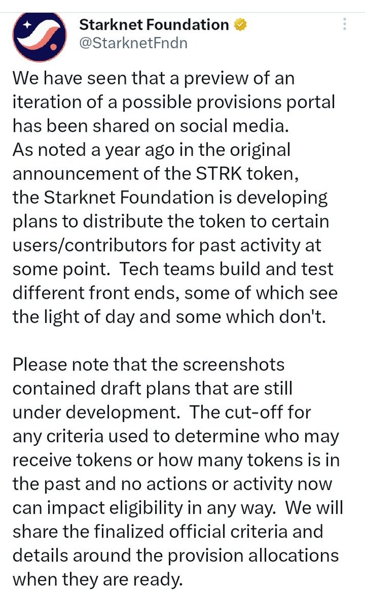 BREAKING!!!! ⏩STARKNET Airdrop is confirmed ⏩Snapshot has already been taken ⏩ Eligibility criteria is yet unknown ⏩ According to them, past users that meet up with certain criteria will be rewarded with $STRK Token ⏩ Check @StarknetFndn for more Information