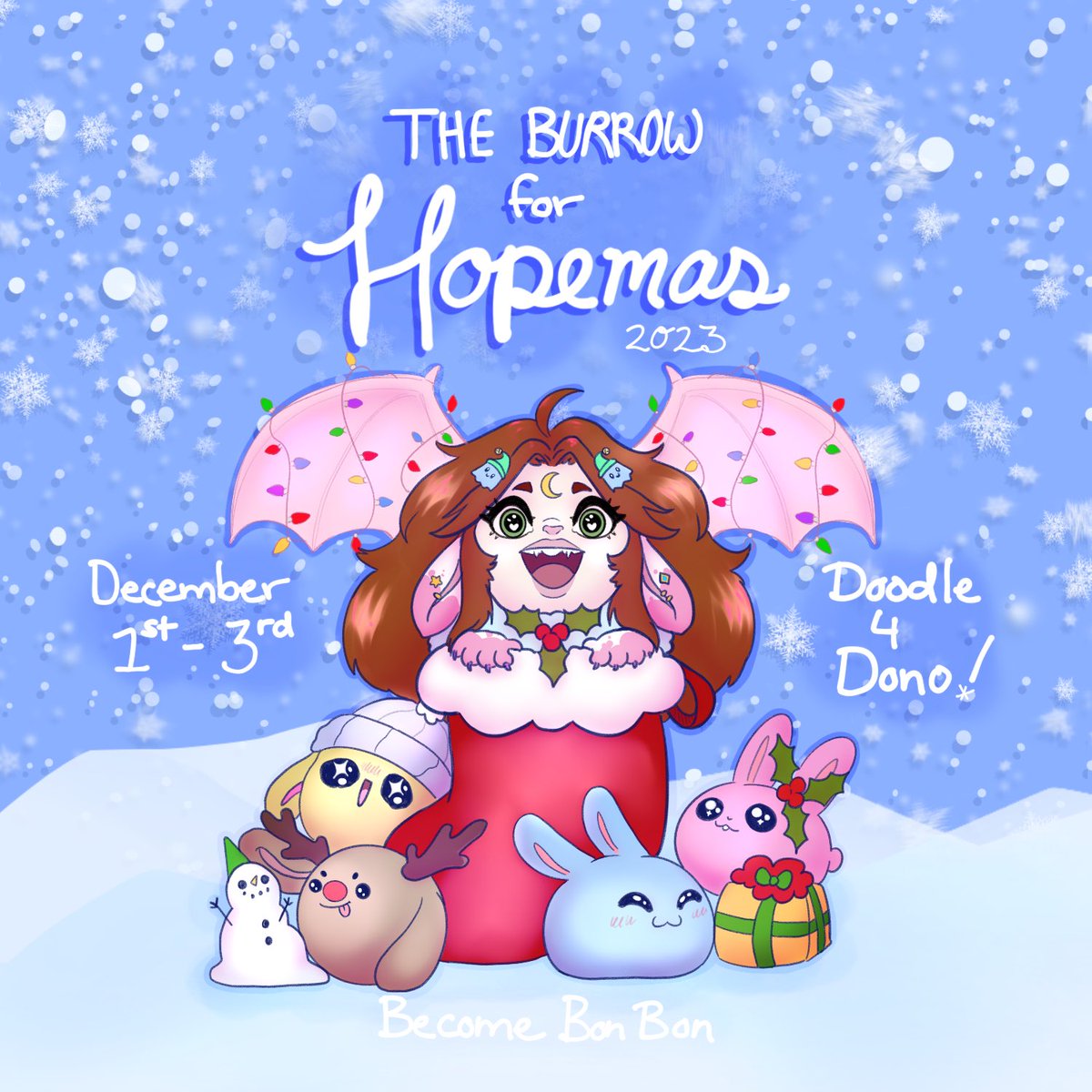 bridgybun's tweet image. Todayyy is the first day of my HOPEmas event!! I don’t have an EXACT time I’m starting (thanks chronic illness) but I’m aiming for 4pm EST 🥰🩷✨ I will be doodling some bonbon YCH for any donations $5 and up! 
Link to donate in the  🧵 
#ProjectHOPE #HOPEmas2023