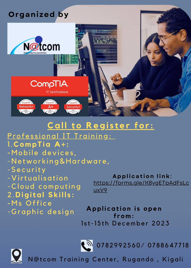 NatcomTCenter's tweet image. 🔔UPCOMING TRAINING🔔
Register for professional IT training in CompTIA A+and more 💫
#Training #upcomingclasses
Join us today. 📞Call for more info