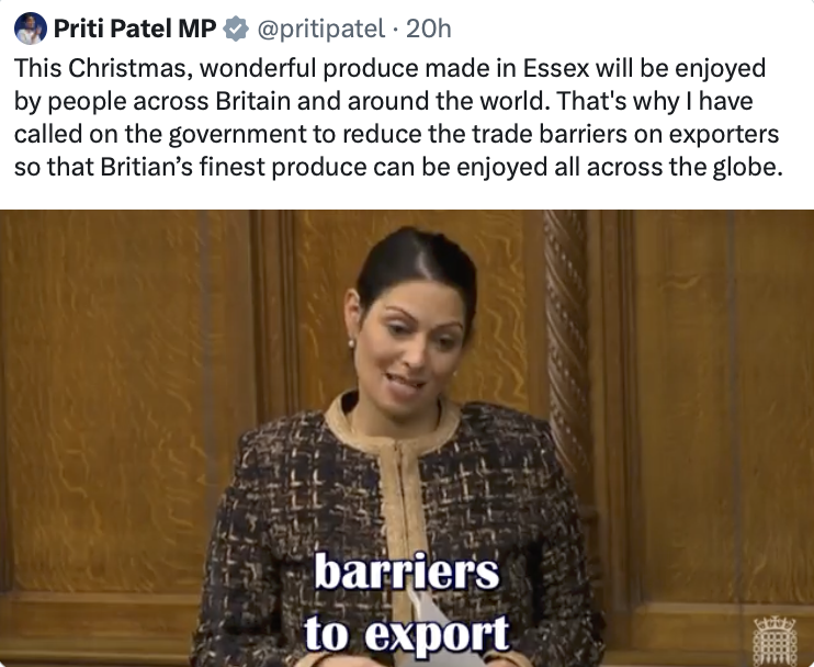 Woman who fought tooth and nail to put up whopping trade barriers on exporters from Essex into the world's biggest single market next door calls on government to 'reduce the trade barriers on exporters from Essex' ... Of course she does And it's Britain - not 'Britian' 👇 🤡