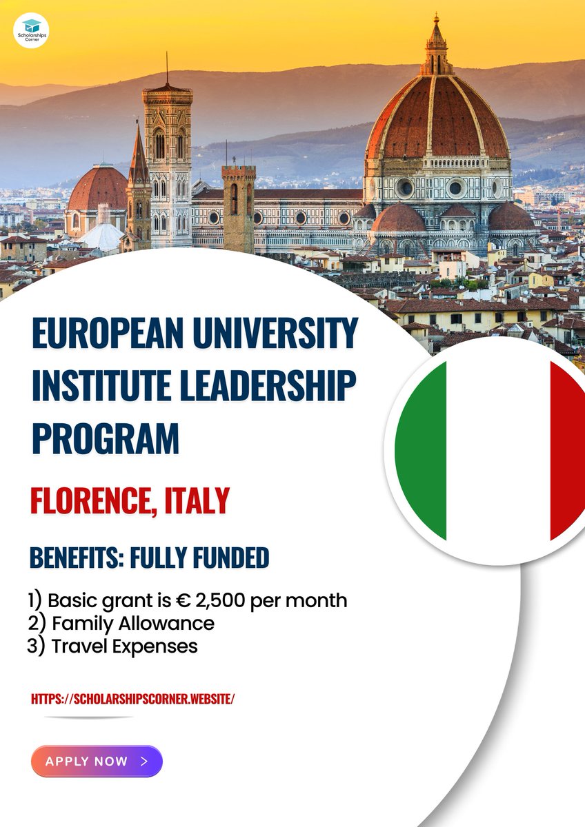 scholar_corner's tweet photo. EUI Leadership Program in Italy 2024 | Fully Funded
Location: Palazzo Buontalenti, Florence
Link: https://t.co/H22hXSHFRl
Deadline: January 25, 2024.
#ScholarshipsCorner #EuropeanUniversityInstitute #studyabroad #euileadership #policyleaderfellowship https://t.co/U3rP04EUpW