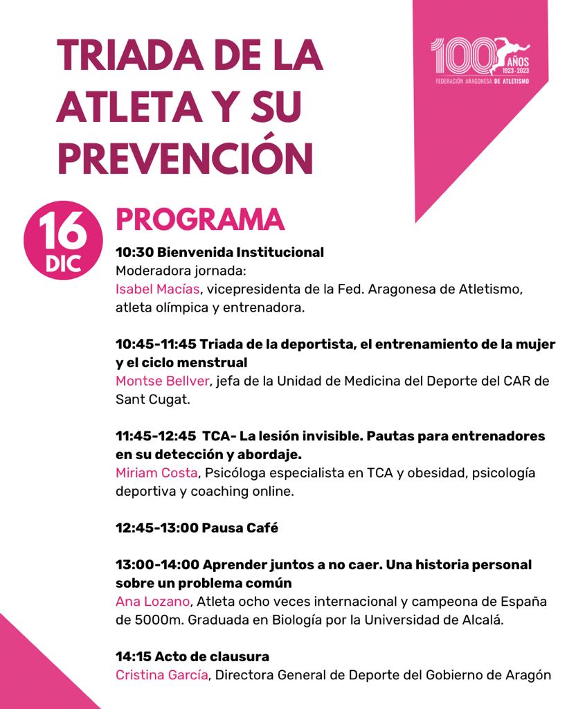 #FormaciónDeporteAragón: I Jornada de Salud: Triada de la atleta y su prevención. Zaragoza, 16/12/2023 promovida por la <a href="/Aragonatletismo/">Federación Aragonesa de Atletismo</a>  y colabora <a href="/GobAragon/">Gobierno de Aragón</a>  <a href="/IAJaragon/">Instituto Aragonés de la Juventud</a>  <a href="/deportegob/">CSD</a>   <a href="/atletismoRFEA/">atletismoRFEA</a>