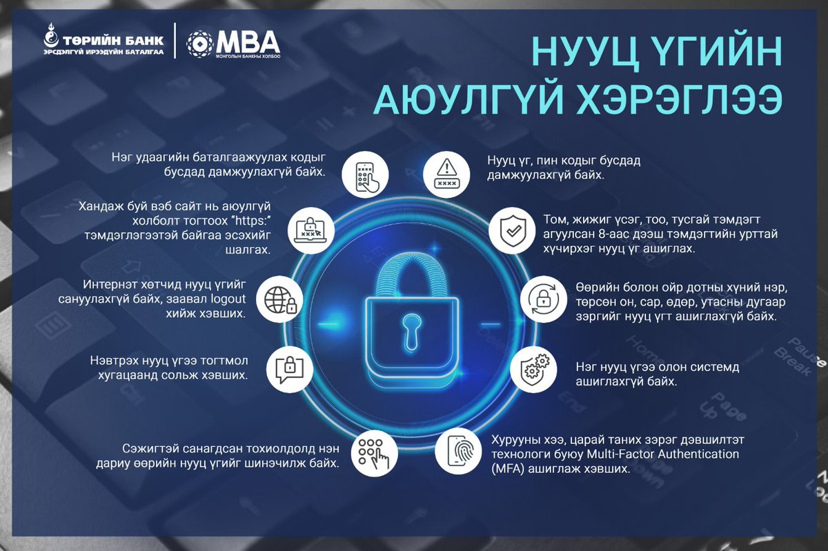 🛡МЭДЭЭЛЛИЙН АЮУЛГҮЙ БАЙДЛЫН ЗӨВЛӨМЖ
👉Нууц үгийн аюулгүй хэрэглээний талаар ээлжит зөвлөмжөөр хүргэж байна.

⚠️Нууц үг нь Таны🌐цахим орчинд ашигладаг бүхий л зүйлсийн хамгийн чухал🔱хамгаалалт юм. Өөрийн санамсар болгоомжгүйгээр🔐нууц үгээ👥бусдад алдах🫳эрсдэлтэйгээс гадна