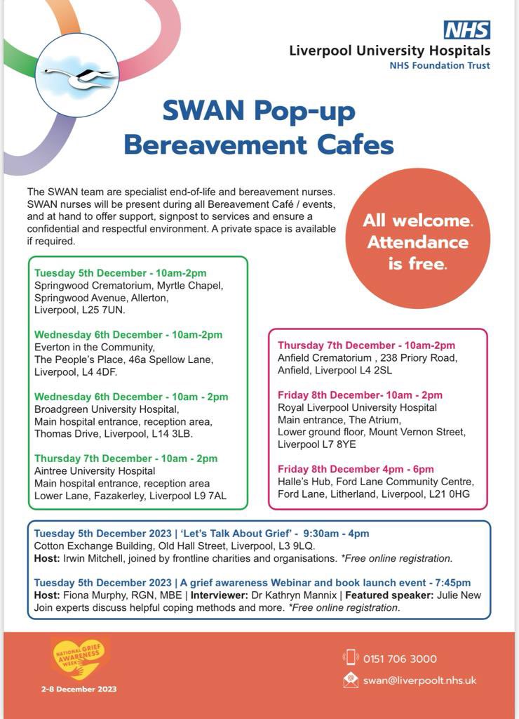 It’s #NationalGriefAwarenessWeek next week and our SWAN team at LUHFT have set up bereavement cafes across Liverpool and in our hospitals. Please share so we can support our community. @fionaDmurphy @QualityLUH @SamWestwell @JennyTa14018039 @BevTab @davidfmelia @SwanTeamLUH