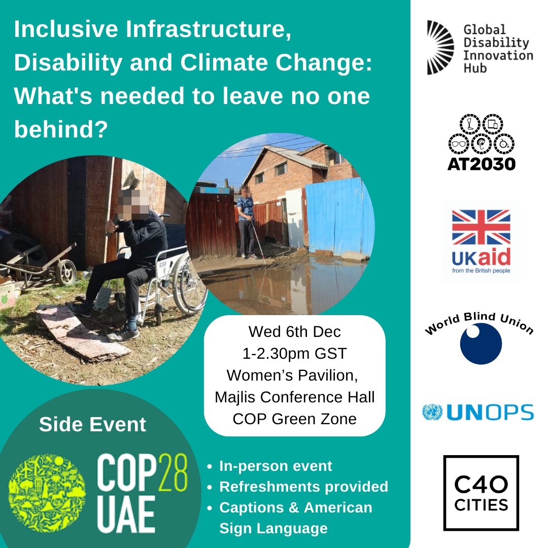GDIHub's tweet photo. Count down to #COP28UAE
Join us on Wednesday as we explore tools &amp; resources  driving inclusion &amp; accessibility in infrastructure, cities &amp; built environment, as we set out priority actions for disability inclusive climate change infrastructure.
Register⤵️
https://t.co/A1VREpzxui https://t.co/AJK838R3tD