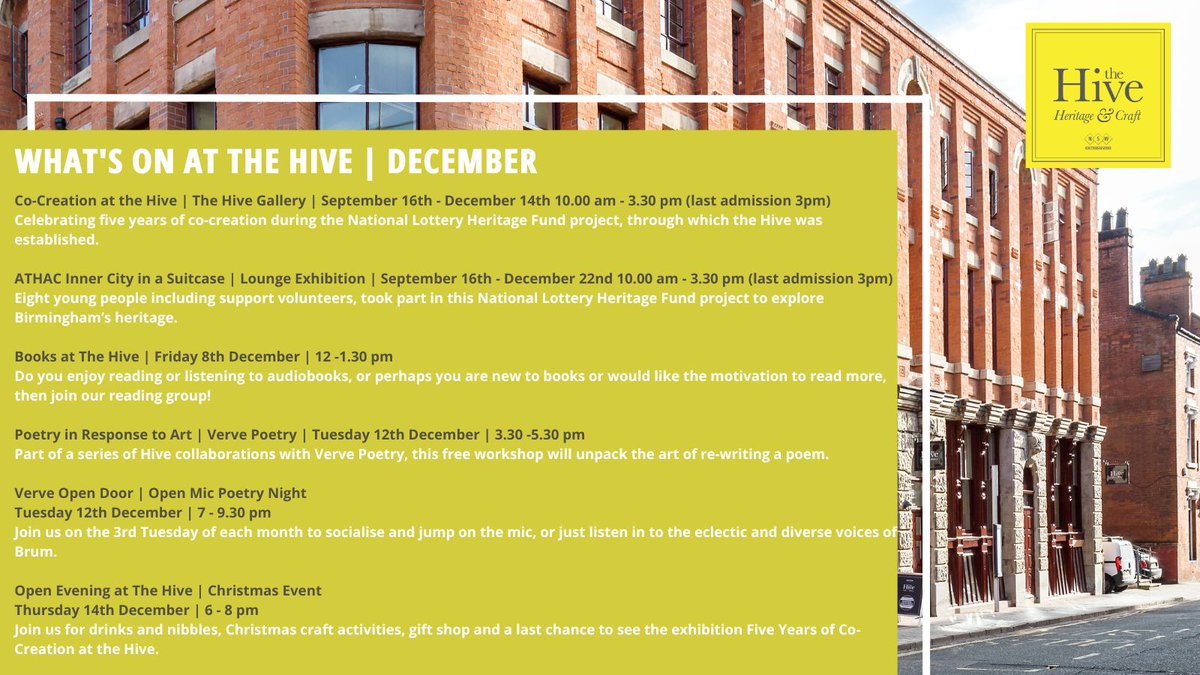 📢 What's on at The Hive in December. We are open Tuesday to Friday 7.30am - 3.30pm. When exhibitions are installed our gallery space is open 10am - 3.30pm Tuesday - Friday, last admission 3pm. For any more details please get in touch!