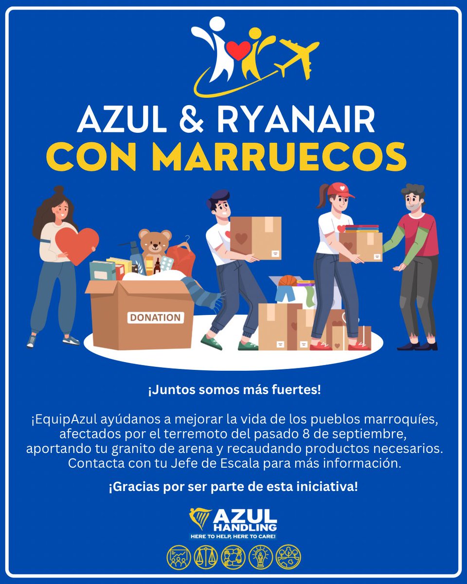 El personal de <a href="/Ryanair/">Ryanair</a> y #AzulHandling están recaudando productos para los pueblos afectados por el terremoto del pasado 8 de septiembre en Marruecos. ¡EquipAzul necesitamos tu #colaboración!
#theazulway #heretohelpheretocare #fivepillars #OneVision #OneMission