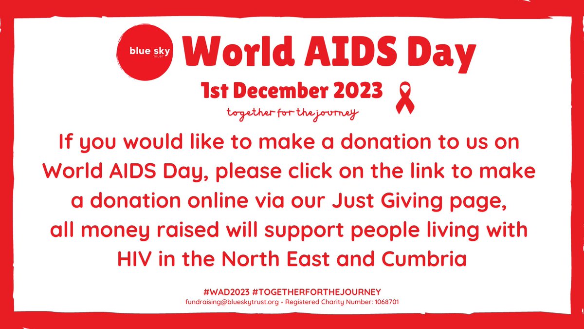 Today is World AIDS day, at Blue Sky Trust we support people living with HIV in the North East and Cumbria, all donations are welcome so we can continue with our work justgiving.com/campaign/blue-… #WAD2023