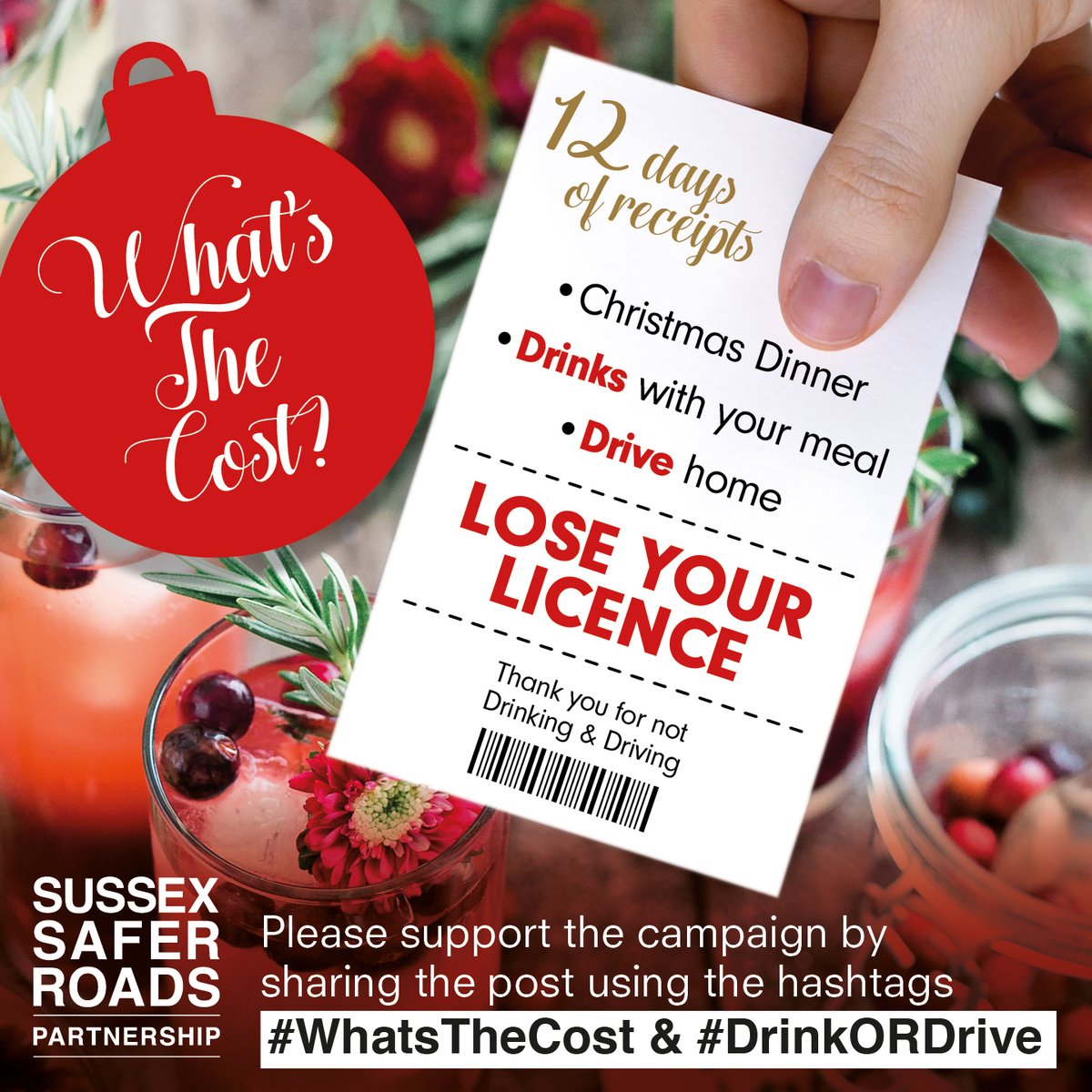 #WhatsTheCost | #DrinkORDrive ⚠️THINK BEFORE YOU DRINK. ⚠️ Throughout December, #SSRP is supporting the national drink/drug drive campaign, raising awareness of the importance of staying safe, sober and alert on the roads. #SaferRoads | #RoadSafety | #Sussex | #OpLimit