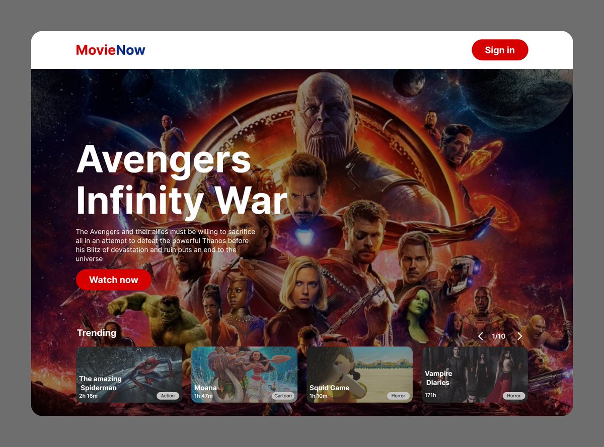 michaeladeniya6's tweet photo. Designed a hero section for a movie platform, I used a made-up brand name, and Avengers was spotlighted as my favourite franchise.
#LearnWithDesignGate #DesignGate30DaysUIChallenge #UIChallenge #DesignDay3 #AuthenticationScreens #DesignCommunity #UIUX #UIUXDesigner https://t.co/Bg6PZR9cZJ