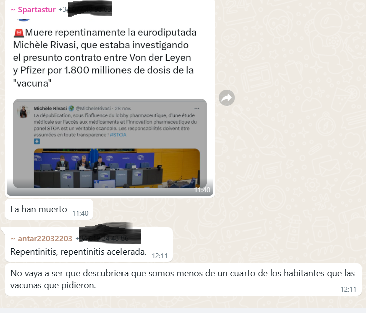 Esto es de un grupo de WA llamado "Política con respeto" y está plagadito de #Antivacunas  con sus delirios conspiratorios, ahora con la muerte de Michele Rivasi #SaludsinBulos
