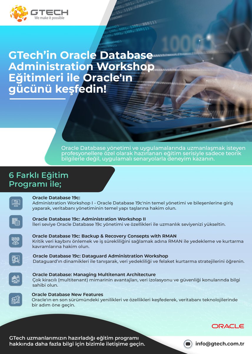 GTechTR's tweet image. GTech’in kurumlara özel hazırladığı Oracle Database Administration Workshop’ı ile uzmanlığınızı geliştirin, veri yönetiminde yeni başarılara imza atın!

Eğitim programı hakkında detaylı bilgi için 👉 info@gtech.com.tr

#oracle #database #databaseadministration #bizlemümkün