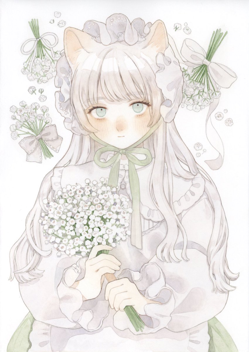 1girl solo animal ears flower cat ears white flower holding  illustration images