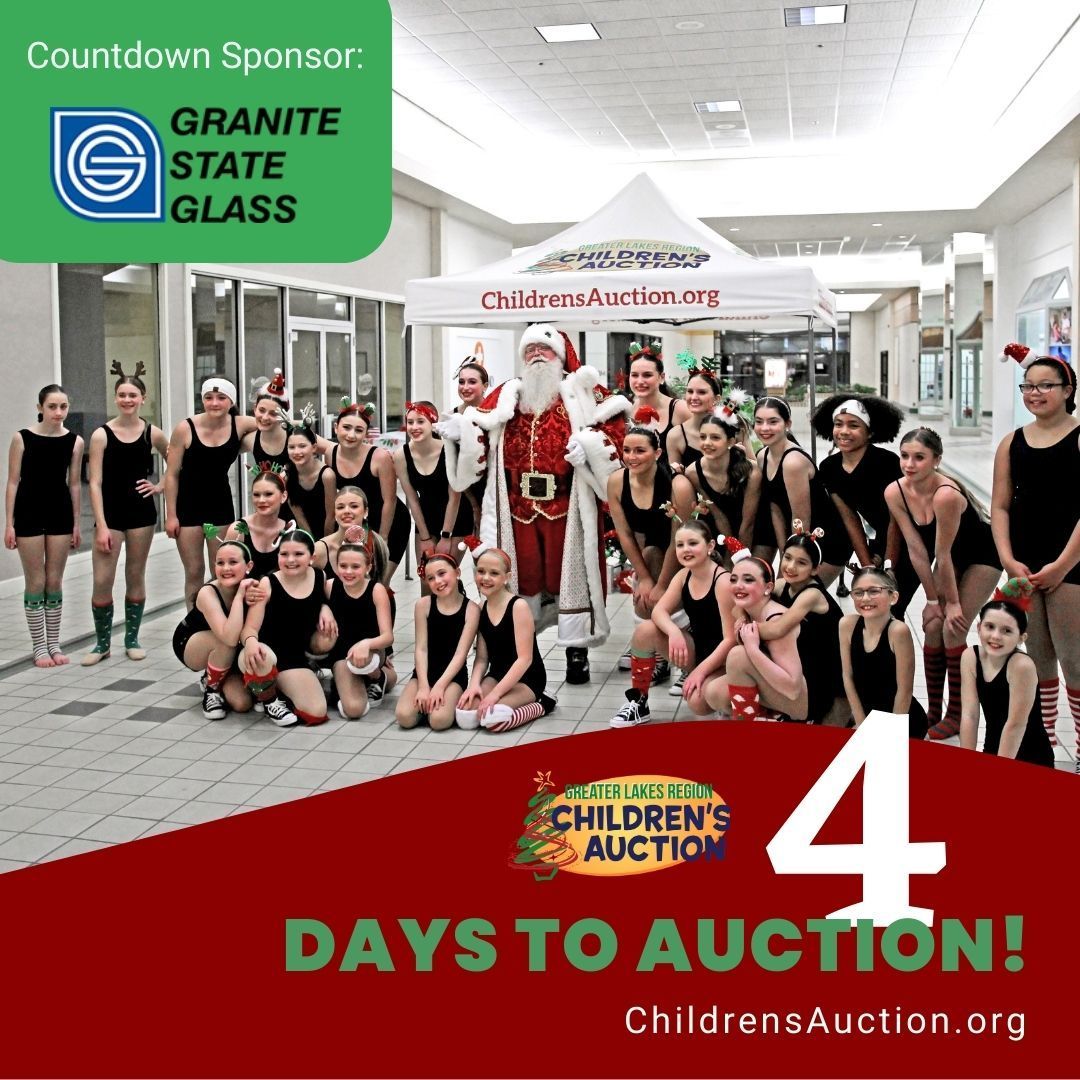 glrcauction603's tweet photo. Countdown: 4 days until the Greater Lakes Region Children's Auction!

Dec. 5-8. Go to https://t.co/3FV8Y7kskw for more information. 

Countdown Sponsor: Granite State Glass 

#ChildrensAuction #NewHampshire #LakesRegionNH #countdown #ChildrensAuctionChampion #ItsForTheKids https://t.co/urIMA4VwhZ