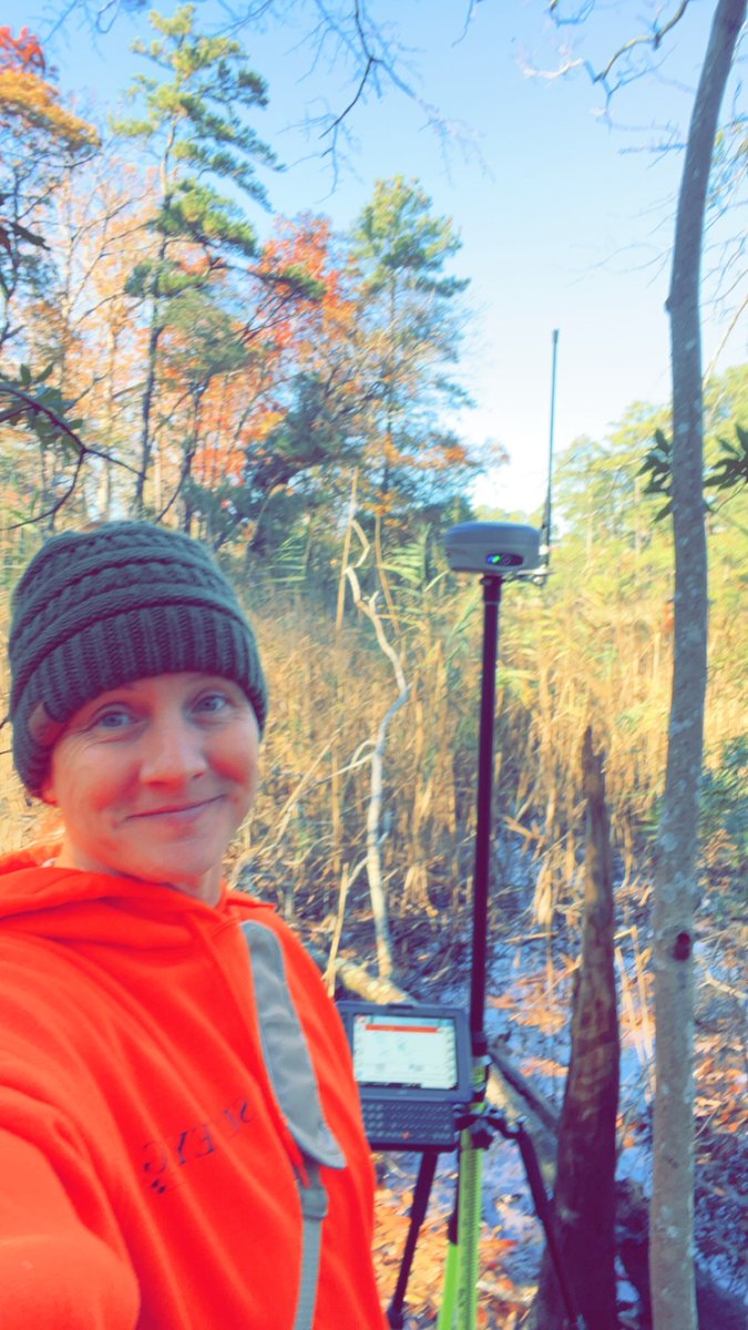 Now that it’s officially wintertime, it’s important to remember to bundle up when working outdoors! Laura made sure to wear her hat while doing a wetlands flag relocation with our BRX7 base and rover. #LandSurveying #NCSurveyors