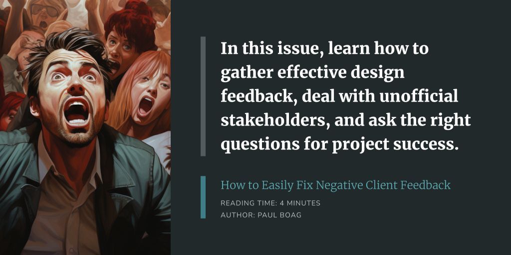 boagworld's tweet photo. Looking for ways to handle dreadful feedback from stakeholders? I've got you covered! Learn how to make the most of client feedback in this week's newsletter. https://t.co/Fw5CBsUCVX  #UXDesign #StakeholderFeedback https://t.co/H1YTwJ4mSP