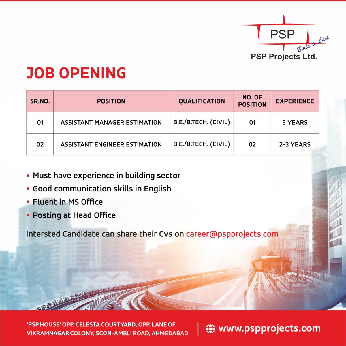 We are hiring for Assistant Manager Estimation & Assistant Engineer Estimation. Grab this opportunity and share your updated CV on email career@pspprojects.com

#hiringalert #assistantmanager #assistantengineer #pspprojects #jobopenings #ahmedabad