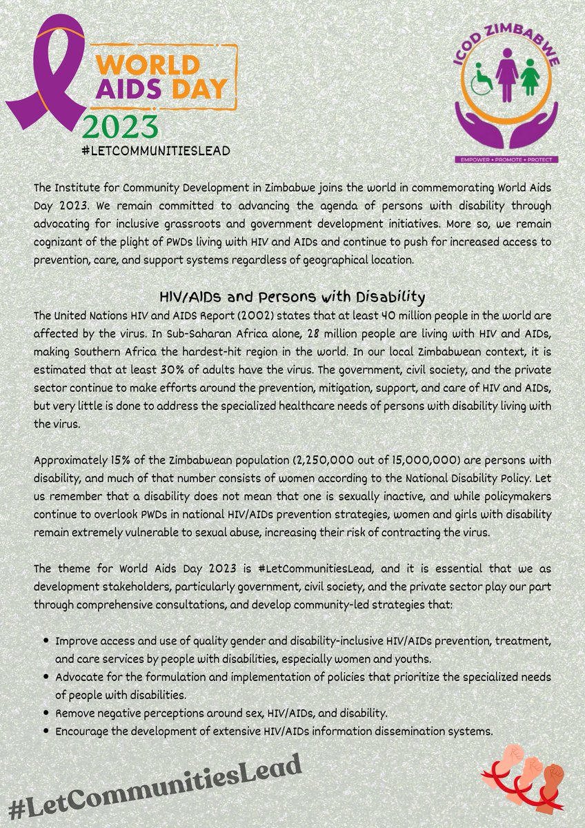 We join the world in commemorating #WorldAIDSDay2023 & reiterate our commitment to bridging the gap in PWD access to HIV/AIDs prevention, care, & support. #WorldAIDSDay #LeaveNoOneBehind @awdf01 @nangozimbabwe @amplifyfund @NEDemocracy @UN_Women @talentmaposa