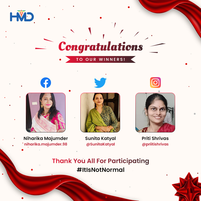 hmdhealthcare's tweet photo. Winner Announcement!
Heartfelt congratulations to the contest winners!
@sunitakatyal
A huge thanks to everyone who participated. Follow us for more contests and health-related tips!
#ItIsNotNormal #HmdContest #HMDhealthcare https://t.co/o7Q1DdDMPQ