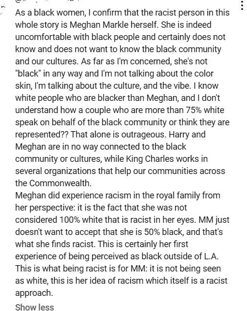 This is a well-written response on the Meghan/Racism debate from someone on YT.  It looks at MM's claim in a new light.