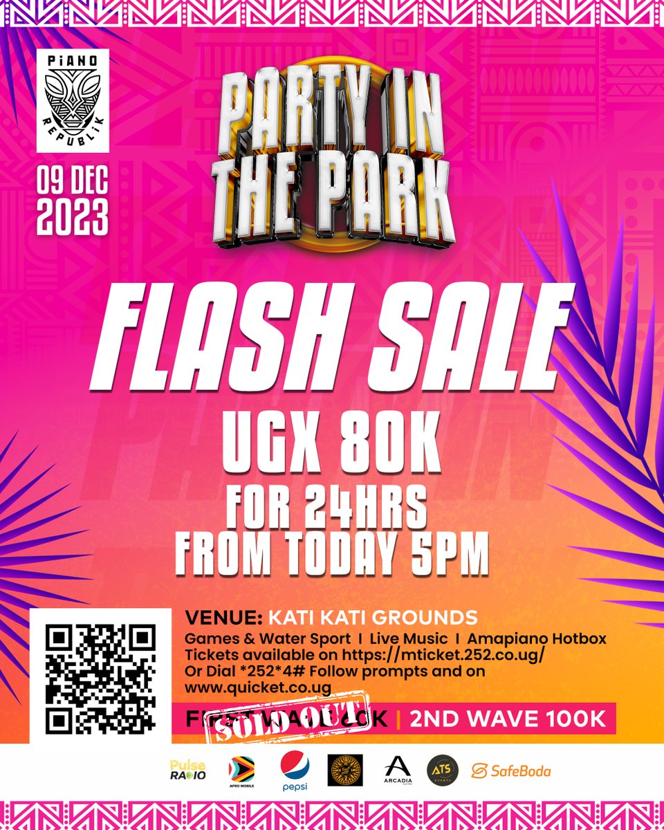 FLASH SALE: For 24 hours, you can grab your tickets at a special price for the 2nd Edition of #PartyInTheParkUG, happening at the Kati Kati grounds on December 9, 2023.

Get your discounted tickets via: mticket.252.co.ug or dail *252#  

#PulseRadioUG